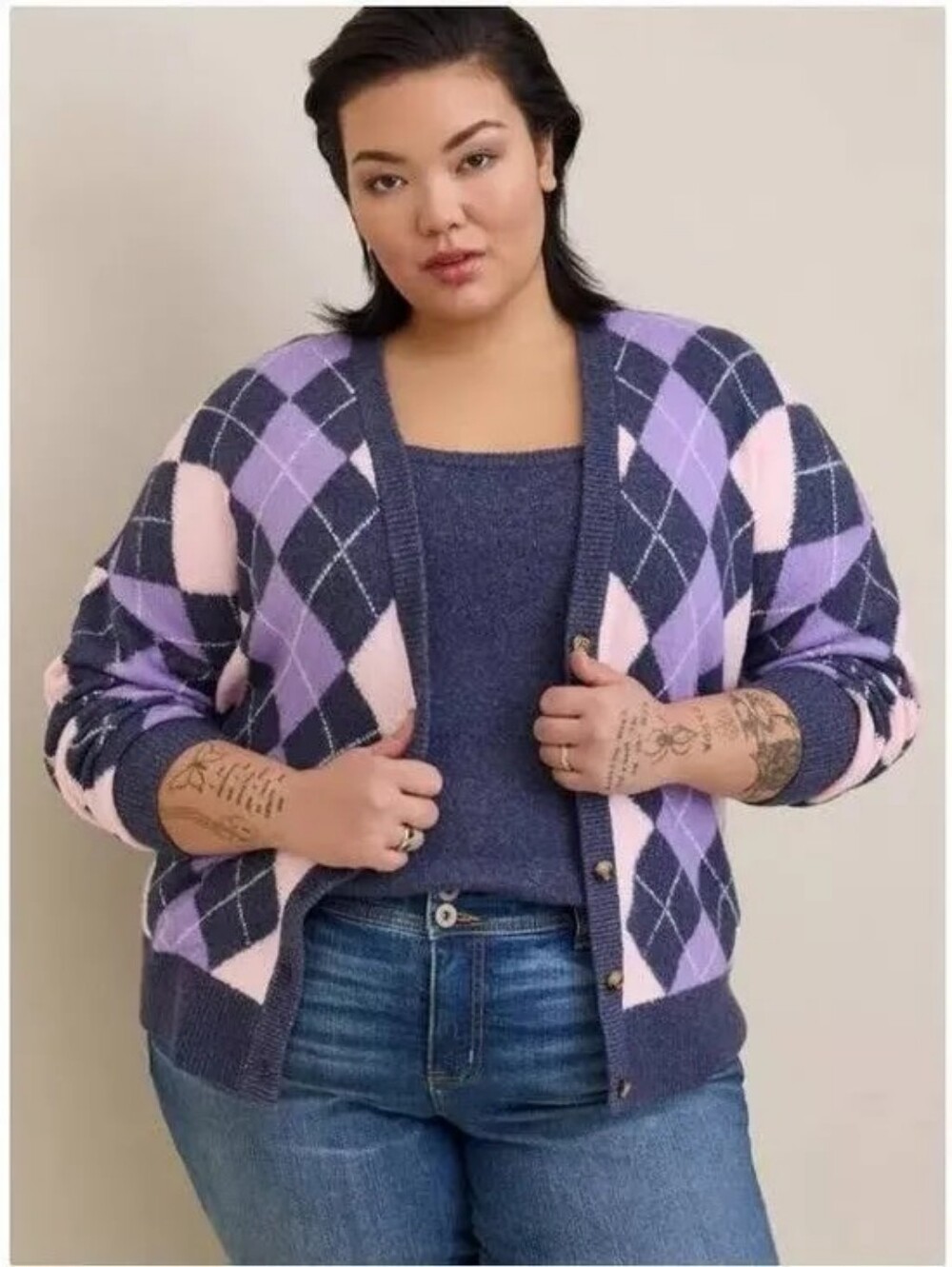 Torrid Navy Purple Vegan Cashmere Argyle V-Neck Cardigan Sweater - Size 1X
